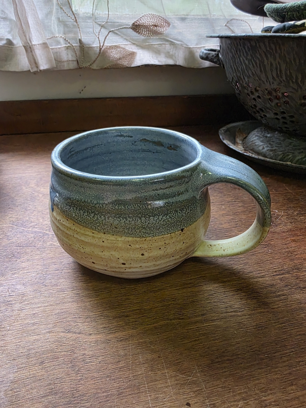 Handmade Glazed Ceramic Mug in Blue and Cream
